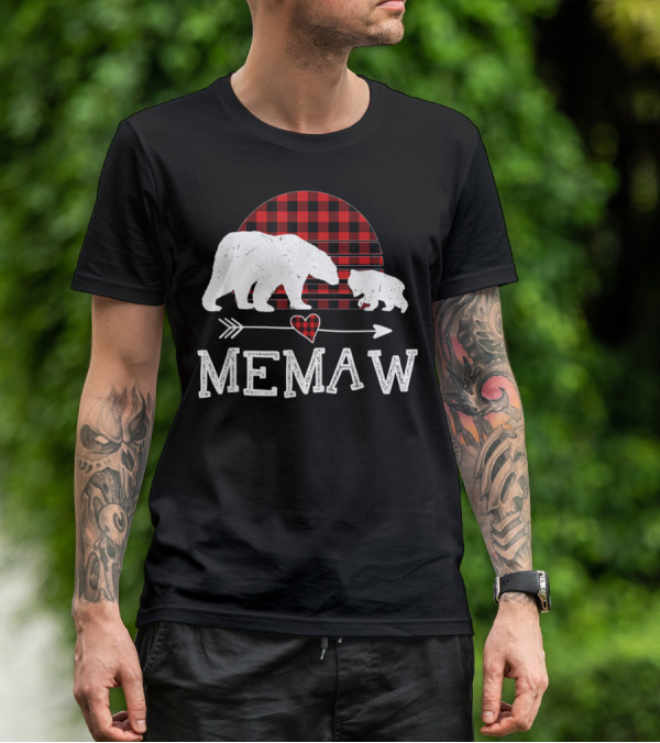 Memaw Bear With Red Plaid Buffalo Check And Heart Arrow T-Shirt