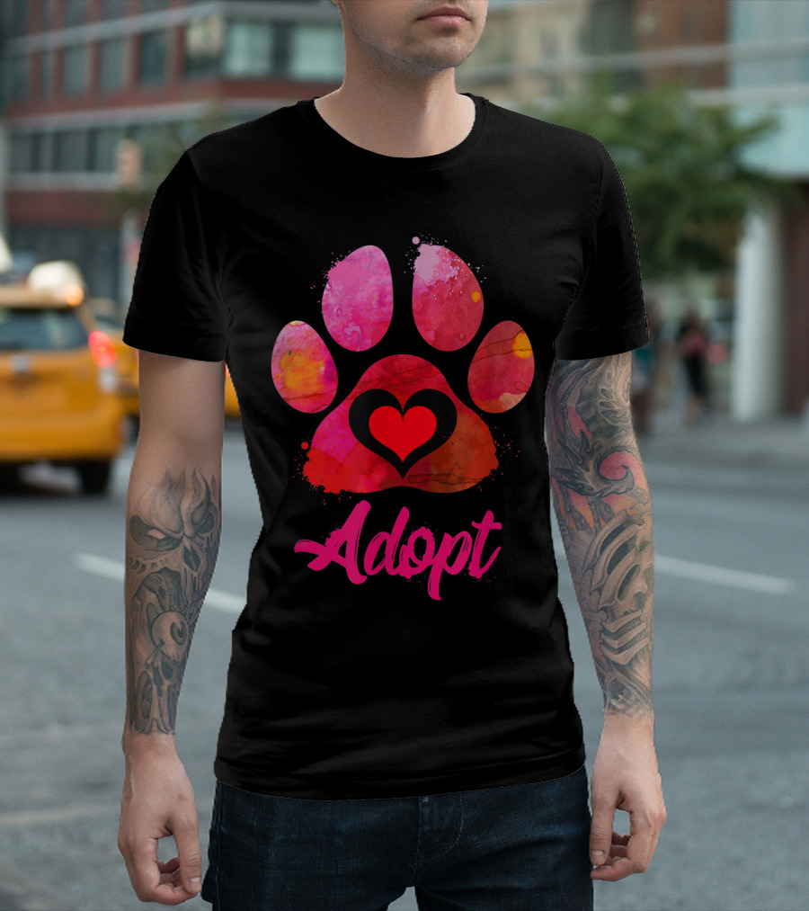 Adopt Love Heart Paw Print Watercolor Rescue Animal Lover T-Shirt