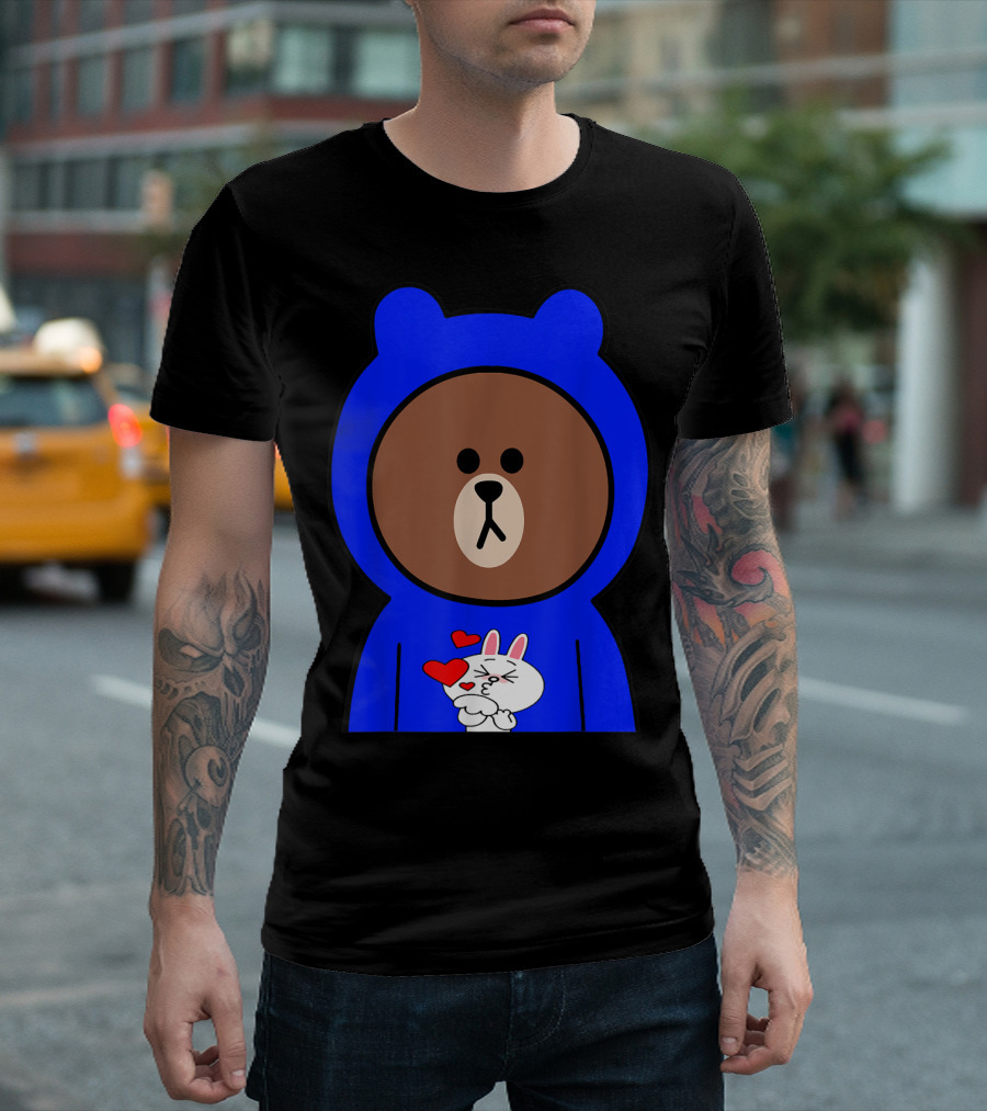 Brown Bear In Blue Hoodie With Cony Bunny Love Hearts T-Shirt