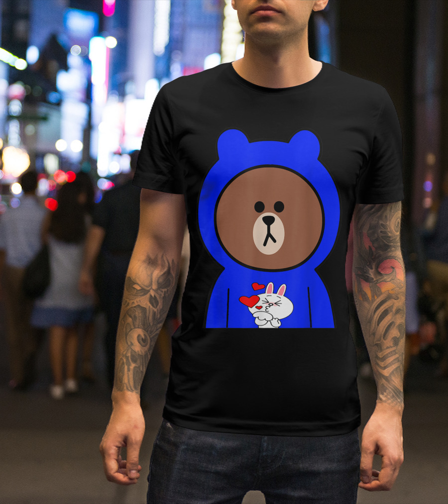 Brown Bear In Blue Hoodie With Cony Bunny Love Hearts T-Shirt