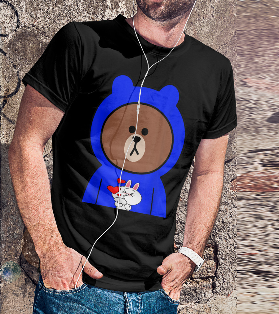 Brown Bear In Blue Hoodie With Cony Bunny Love Hearts T-Shirt