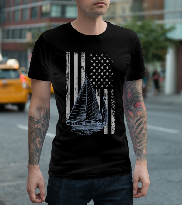 Fun Vintage Sailboat With American Flag Elements T-Shirt