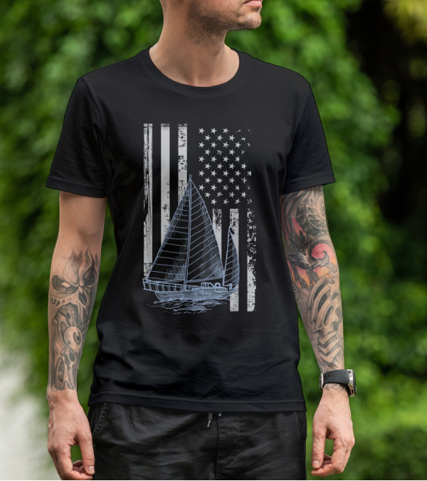 Fun Vintage Sailboat With American Flag Elements T-Shirt