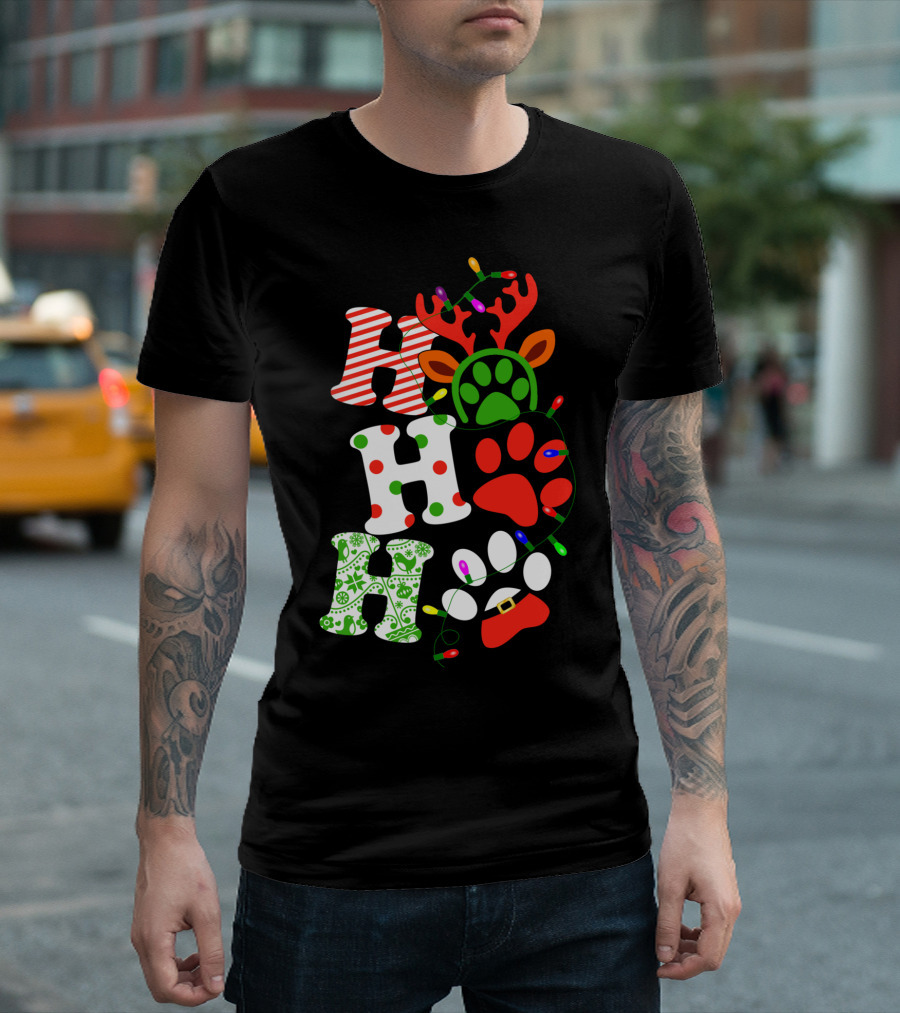 Ho Ho Ho Christmas Dog Paw Santa Lights Reindeer Antlers T-Shirt