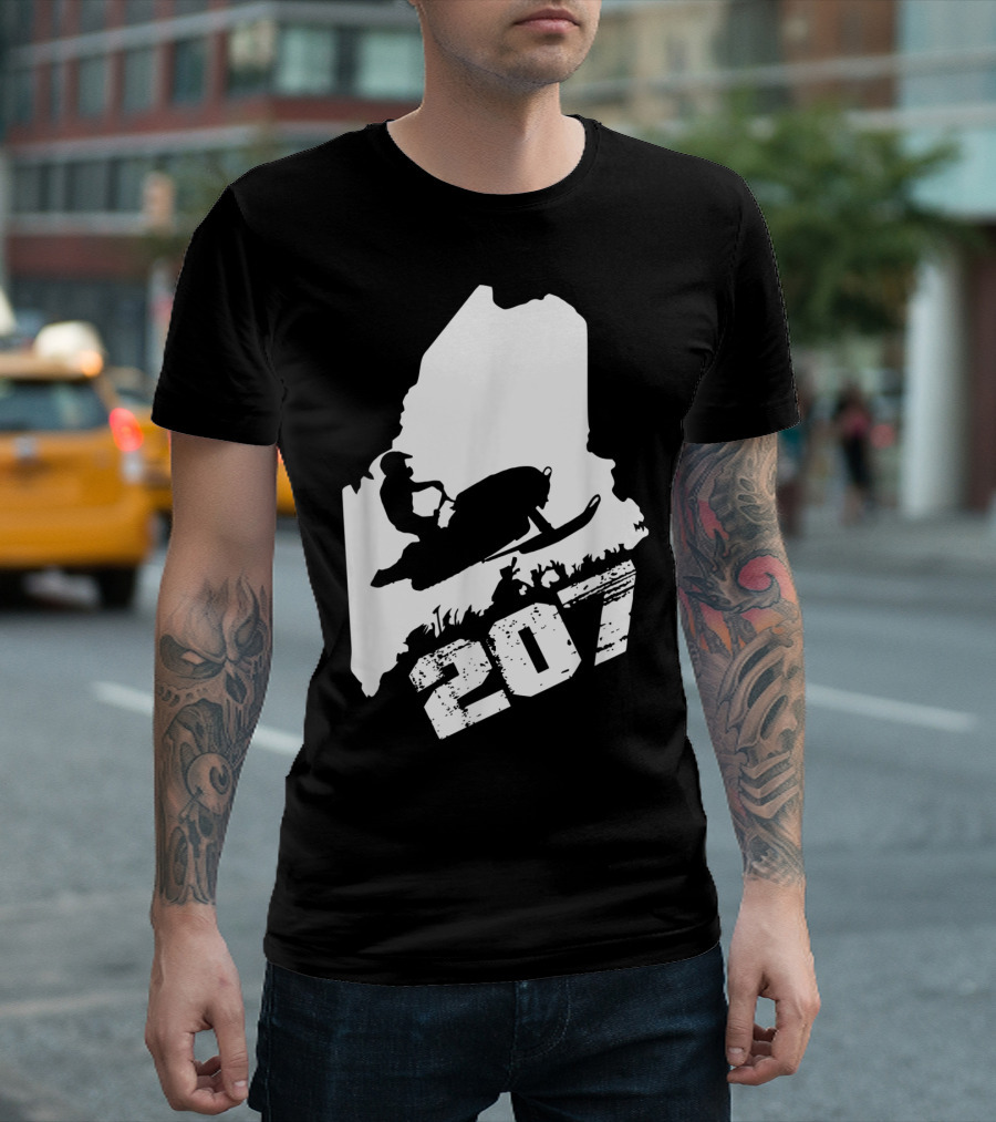 Maine 207 Snowmobile Silhouette in State Outline T-Shirt