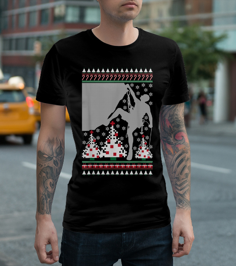 Rock Climbing Ugly Christmas Holiday Tree Pixel T-Shirt