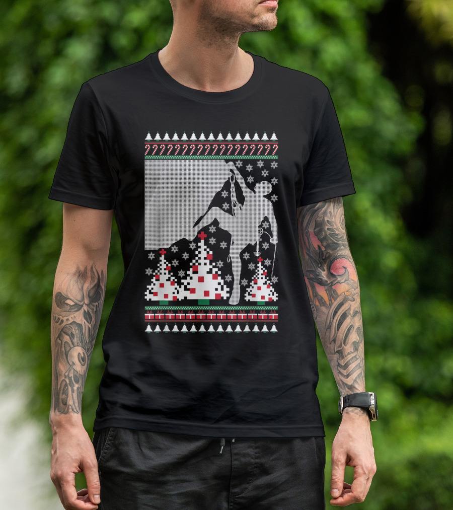 Rock Climbing Ugly Christmas Holiday Tree Pixel T-Shirt