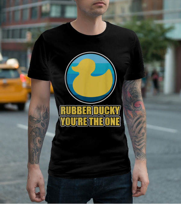 Rubber Ducky You're The One Iconic Yellow Toy Bath Duck Blue Circle Background T-Shirt