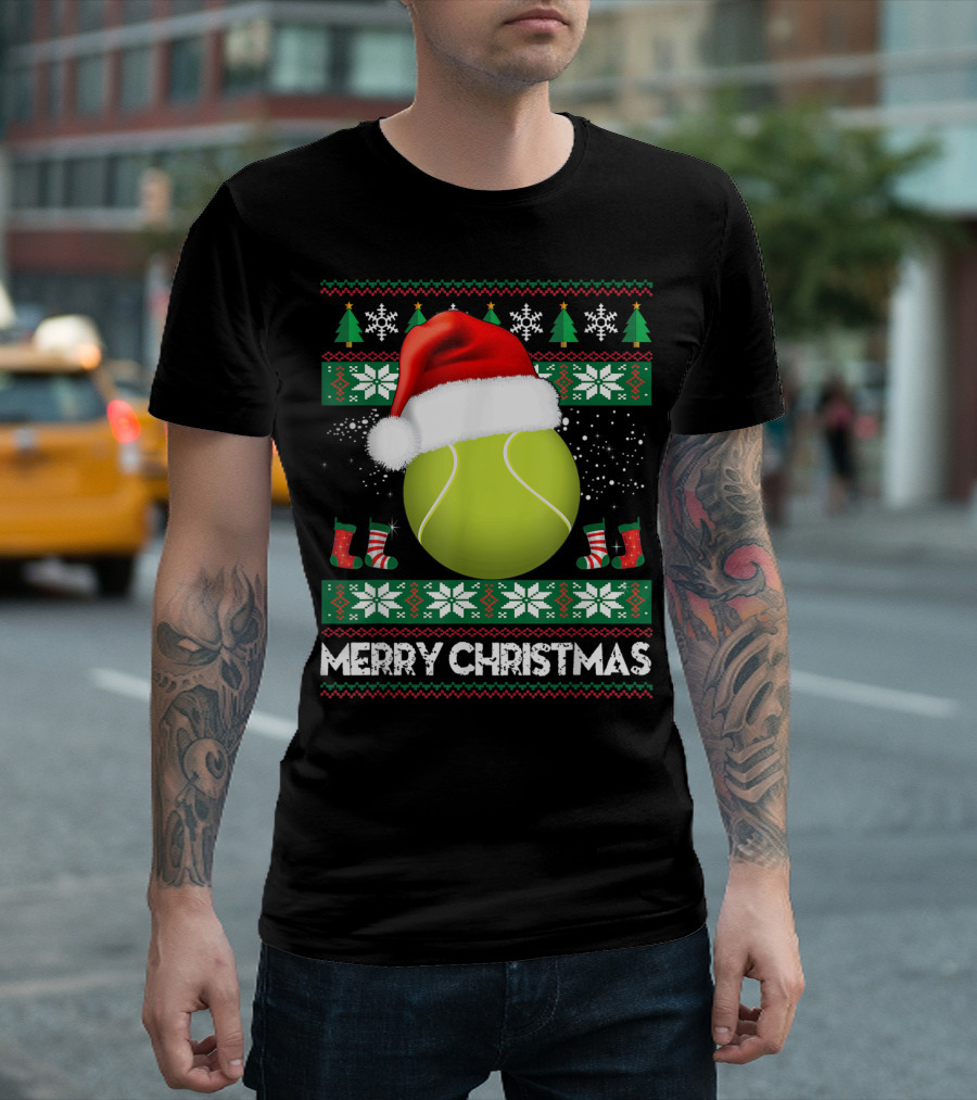 Merry Christmas Santa Hat Tennis Baum Pullover Snowflakes T-Shirt