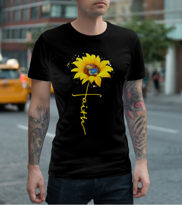 Kansas Jayhawks Sunflower Faith Cross Shape T-Shirt