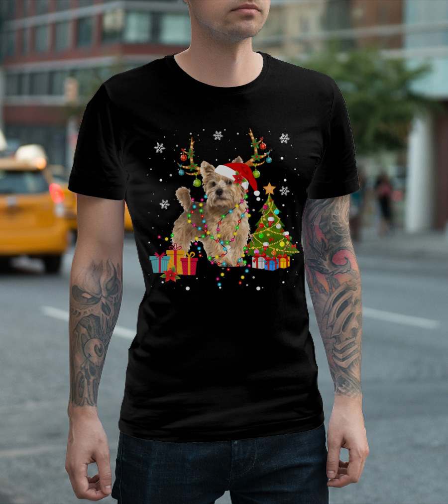 Norwich Terrier Christmas Lights Santa Hat Tree Presents Snowflakes T-Shirt