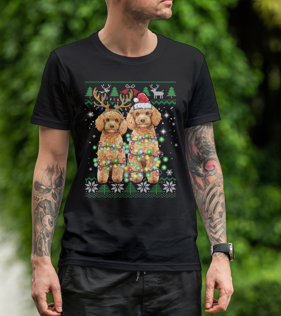 Poodle Dog Ugly Christmas Reindeer Hat Lights Puppy Funny Dog T-Shirt