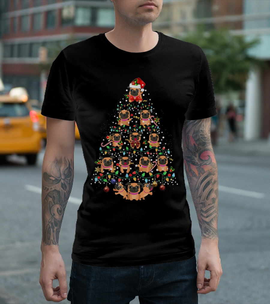 Pug Dog Christmas Tree with Santa Hat and Holiday Decorations T-Shirt