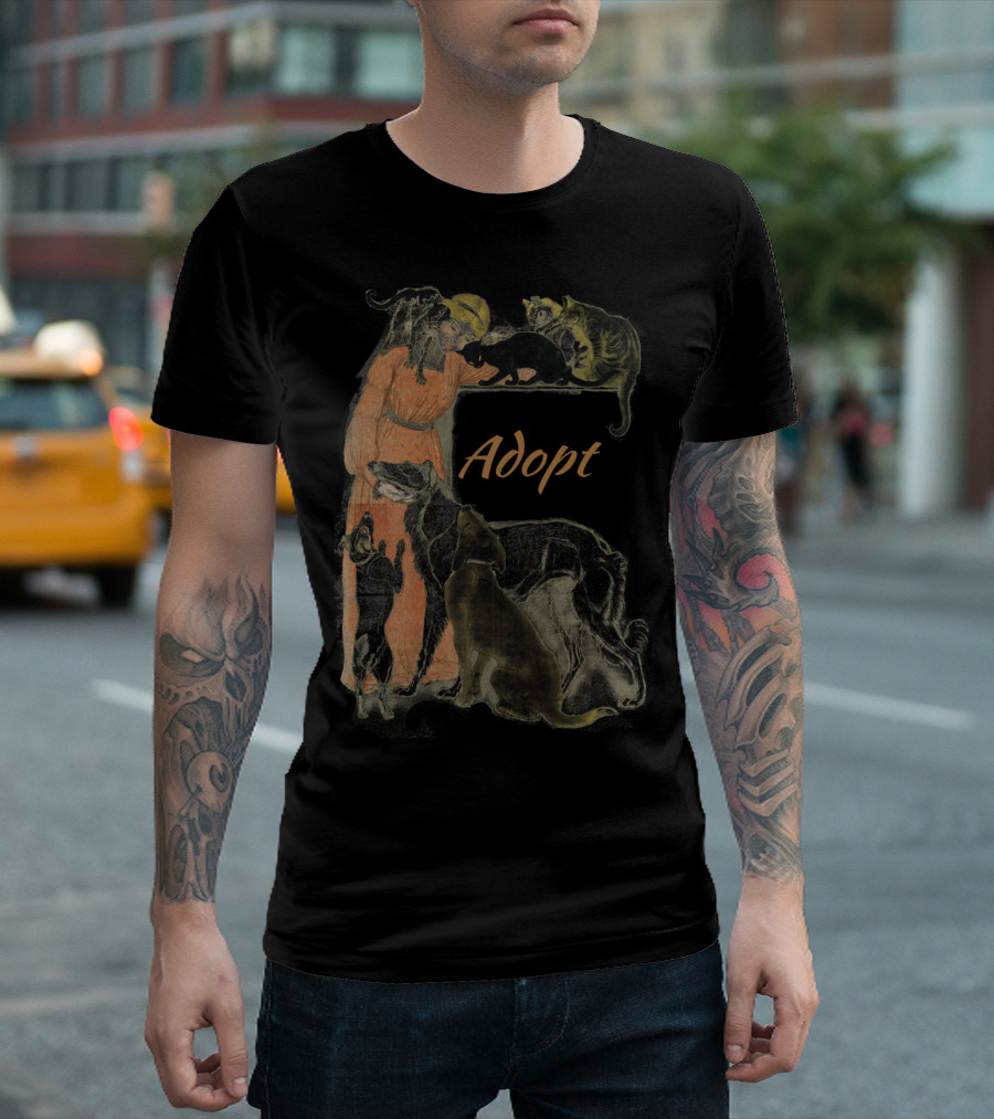 Rescue Adopt Love Dog and Cat Lover with Vintage Style Woman Surrounded by Pets T-Shirt