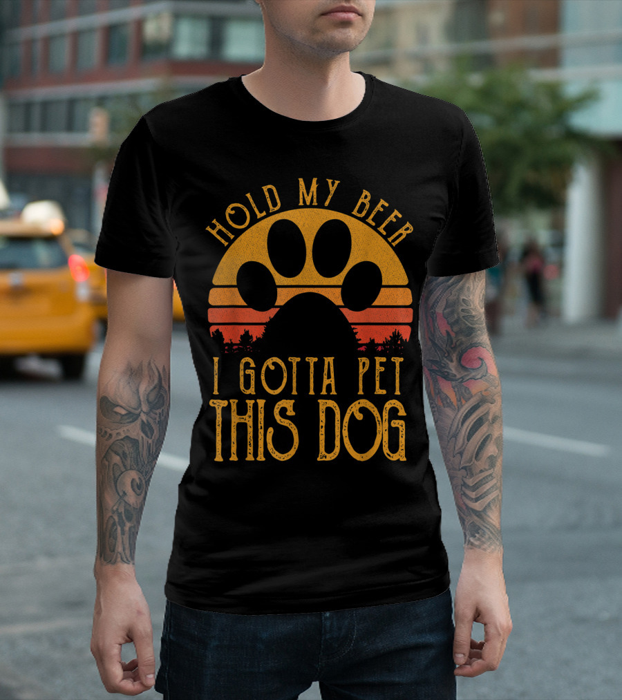Hold My Beer I Gotta Pet This Dog Retro Vintage Paw Print Sunset T-Shirt