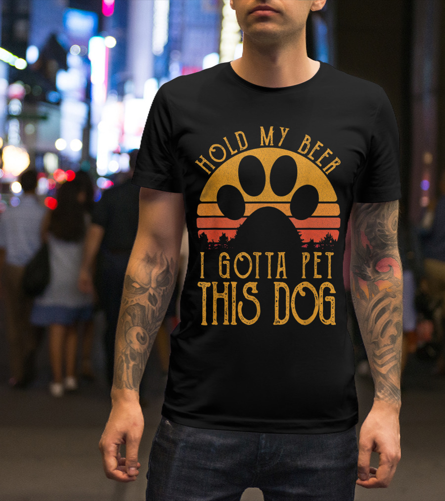 Hold My Beer I Gotta Pet This Dog Retro Vintage Paw Print Sunset T-Shirt
