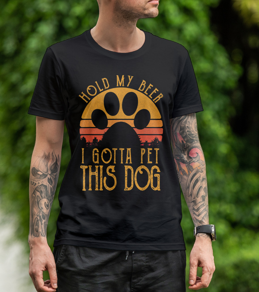 Hold My Beer I Gotta Pet This Dog Retro Vintage Paw Print Sunset T-Shirt