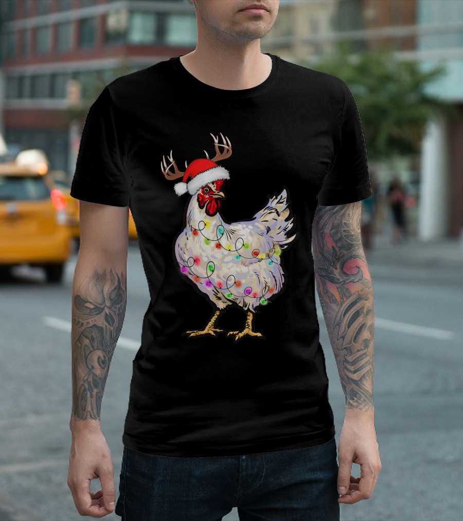 Santa Chicken Reindeer with Christmas Lights and Antlers T-Shirt