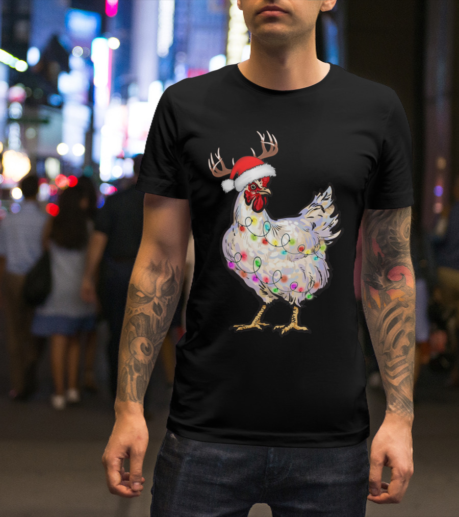 Santa Chicken Reindeer With Christmas Lights And Antlers T-Shirt