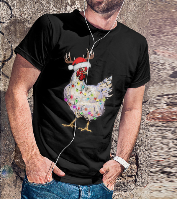 Santa Chicken Reindeer With Christmas Lights And Antlers T-Shirt