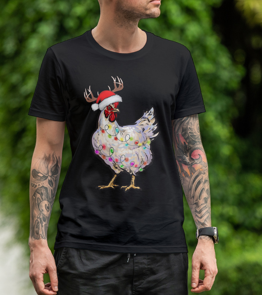 Santa Chicken Reindeer With Christmas Lights And Antlers T-Shirt