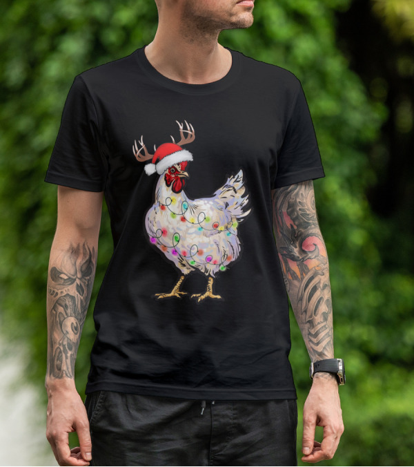 Santa Chicken Reindeer With Christmas Lights And Antlers T-Shirt