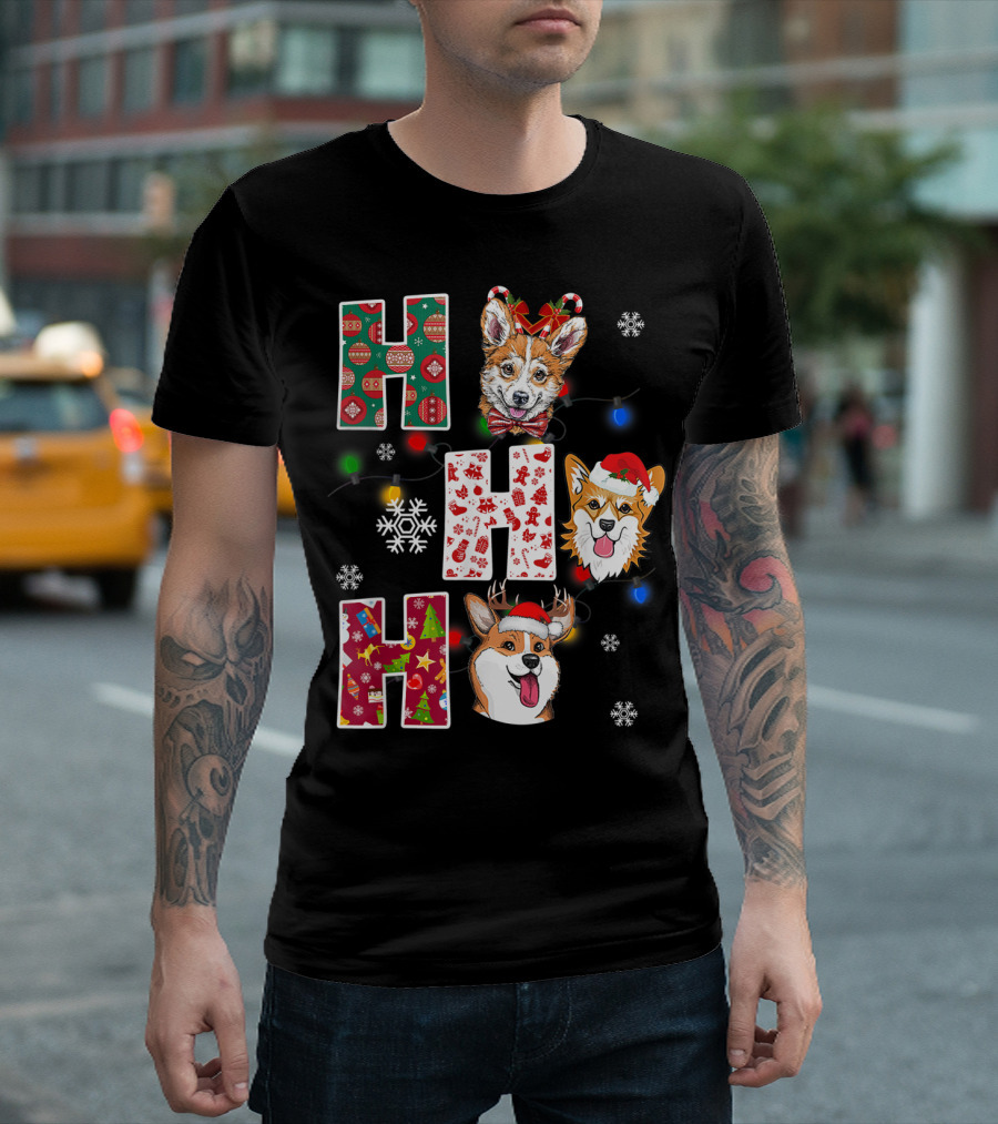 Ho Ho Ho Santa Corgi Christmas Lights Snowflakes T-Shirt