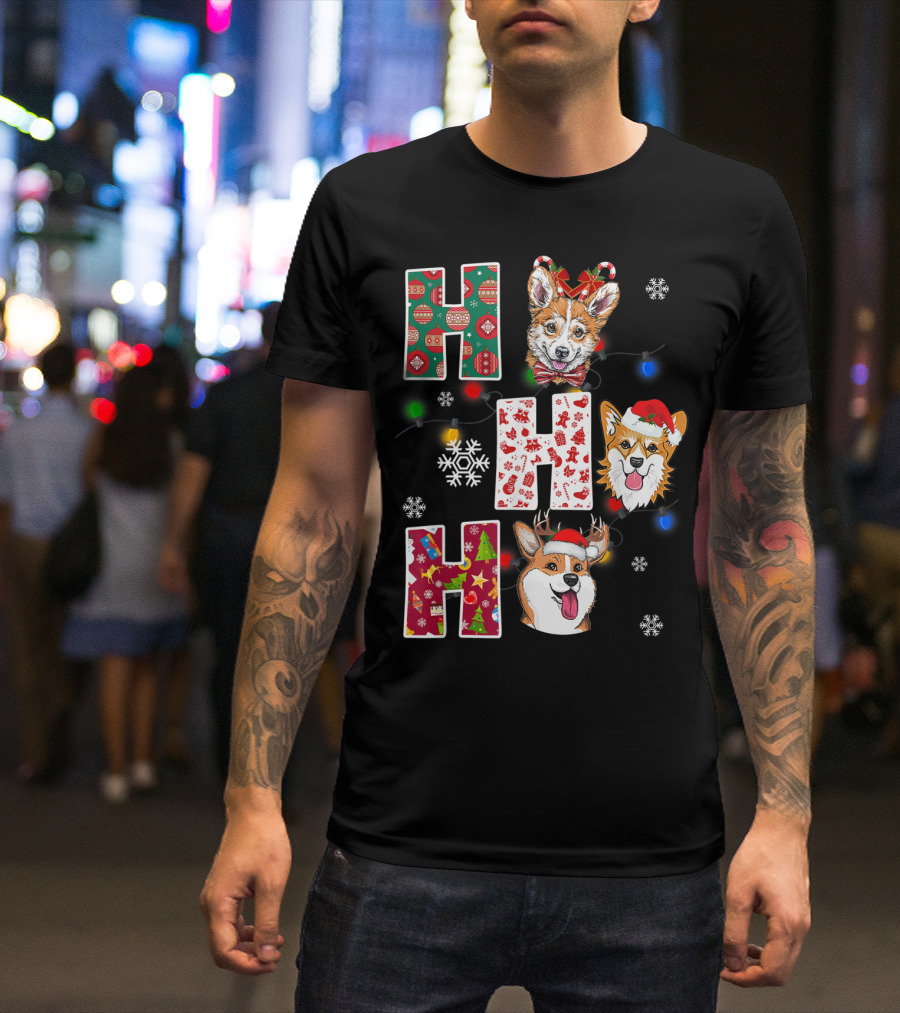 Ho Ho Ho Santa Corgi Christmas Lights Snowflakes T-Shirt