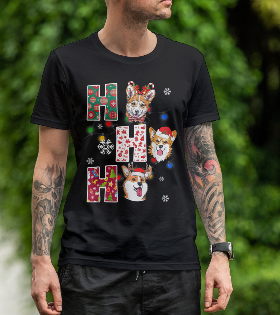 Ho Ho Ho Santa Corgi Christmas Lights Snowflakes T-Shirt