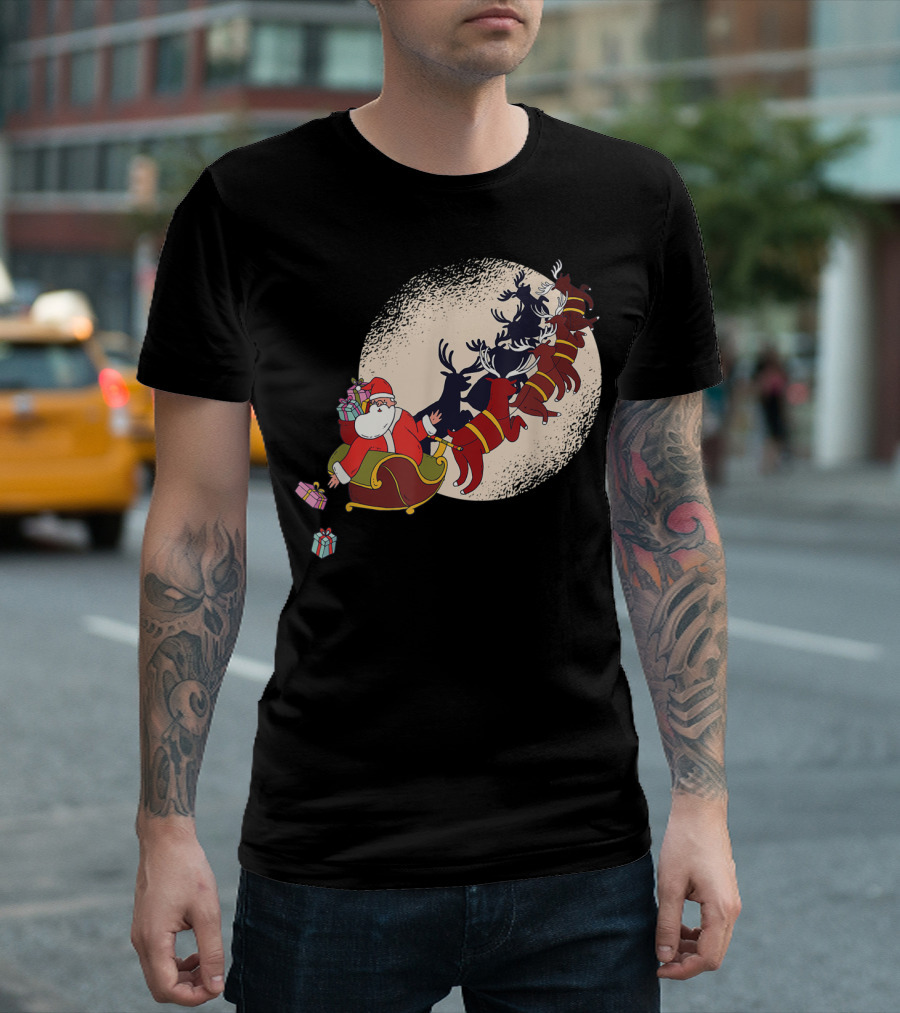 Santa Claus Flying with Reindeers Silhouette Under Full Moon Carrying Gift Sack T-Shirt