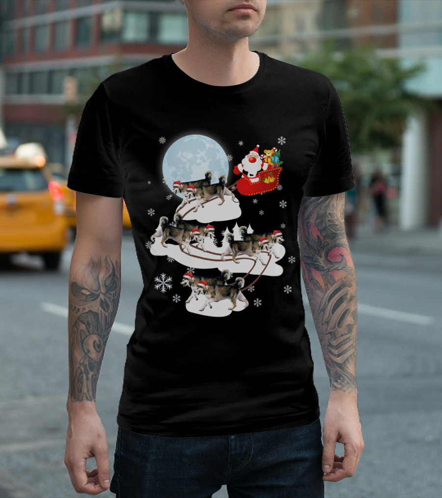 Santa Sleigh Alaskan Malamute Christmas Dog Moon Snowflakes T-Shirt