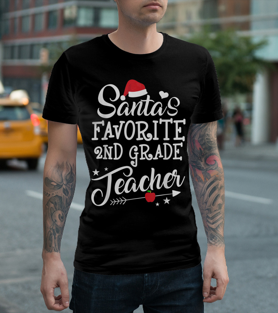 Santa's Favorite 2nd Grade Teacher with Santa Hat Heart Stars Arrow Apple T-Shirt