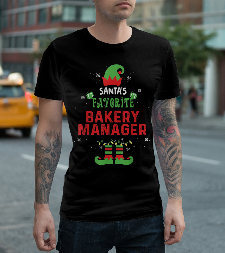 Santa's Favorite Bakery Manager Christmas Elf Hat and Boots T-Shirt