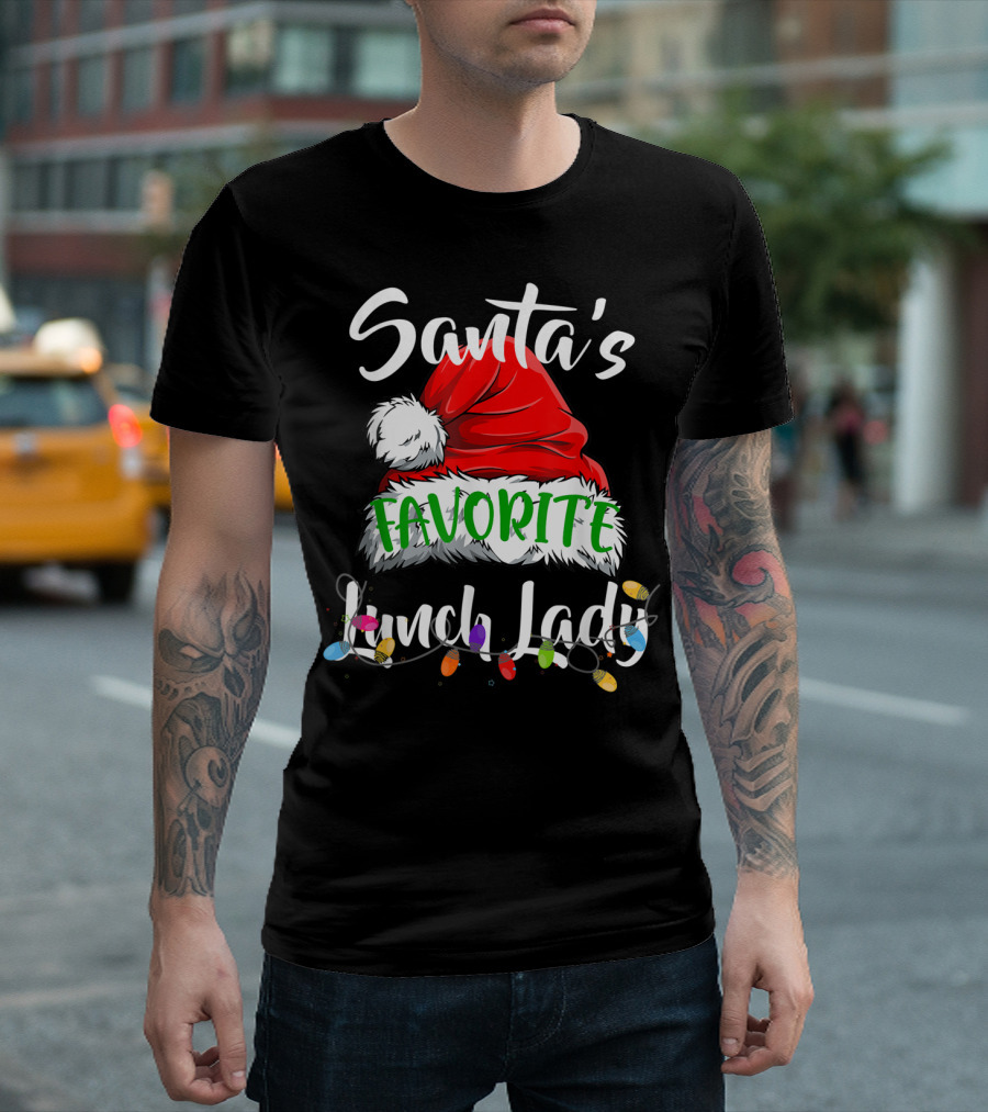 Santa's Favorite Lunch Lady Santa Hat Christmas Lights T-Shirt
