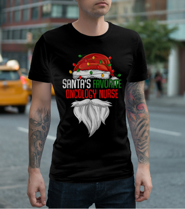 Santa's Favorite Oncology Nurse Christmas Lights And Beard T-Shirt