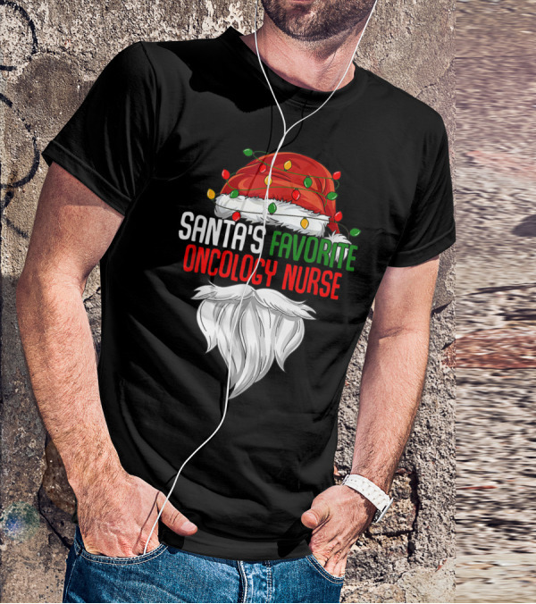 Santa's Favorite Oncology Nurse Christmas Lights And Beard T-Shirt