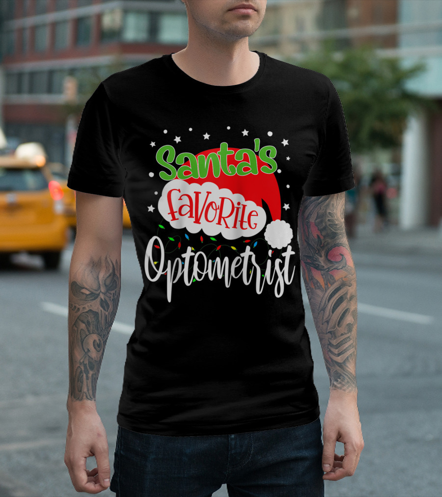 Santa's Favorite Optometrist Christmas Santa Hat and Lights T-Shirt