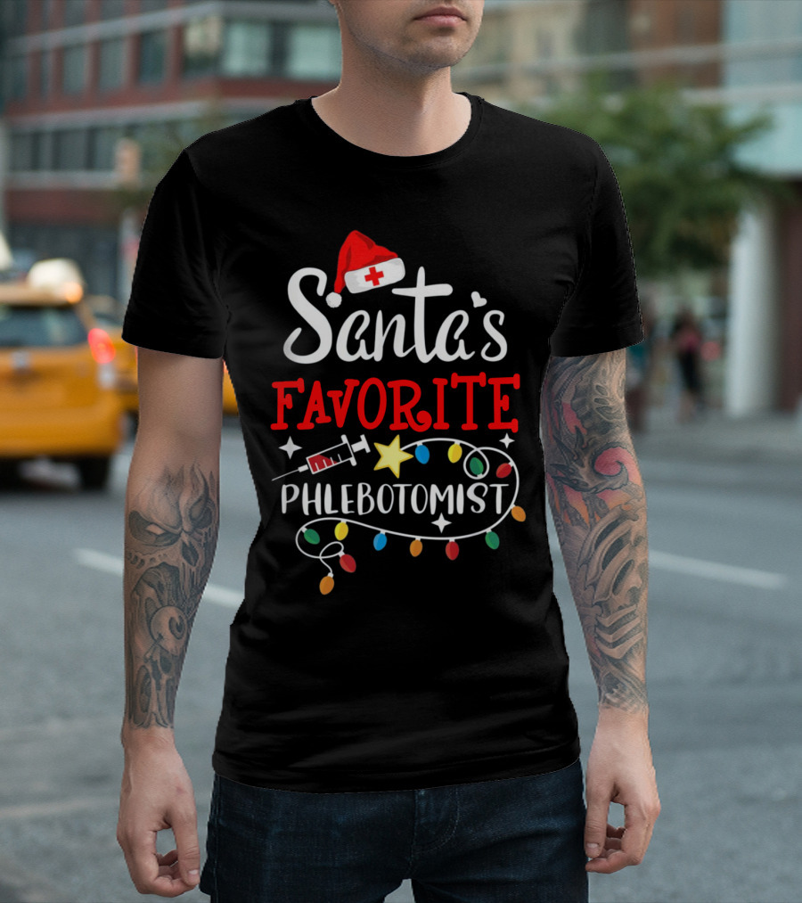 Santa's Favorite Phlebotomist with Santa Hat, Syringe, and Festive Lights T-Shirt