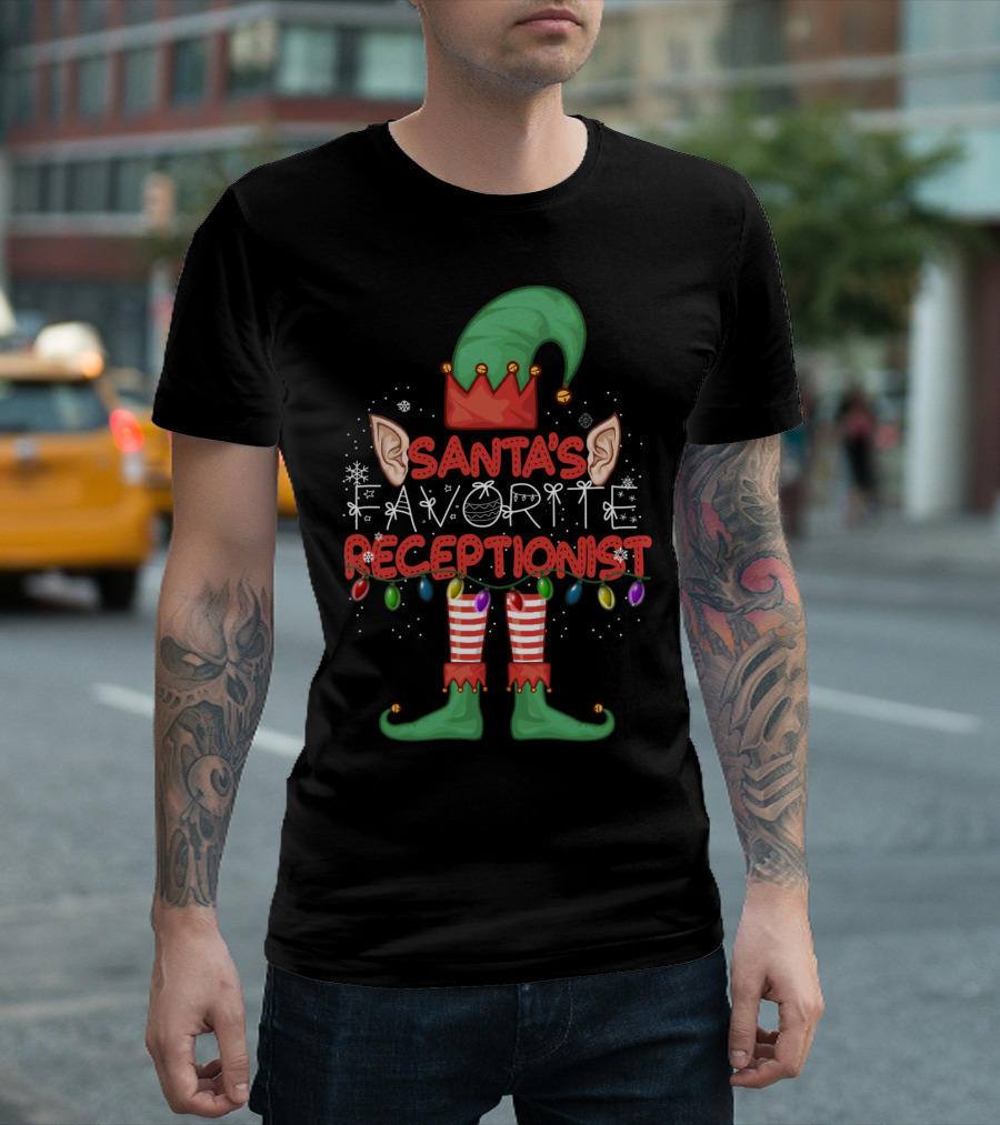 Santa's Favorite Receptionist Elf Hat Christmas Lights T-Shirt