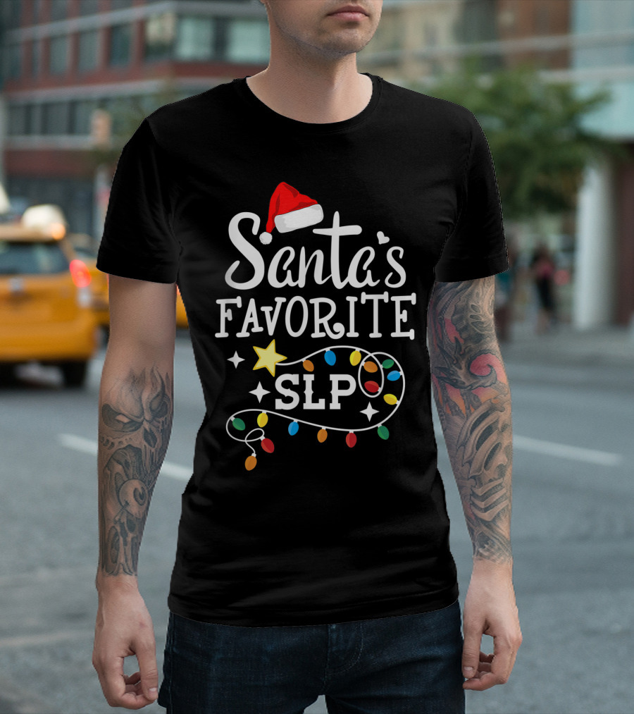 Santa's Favorite SLP Speechlanguage Christmas Lights and Santa Hat T-Shirt