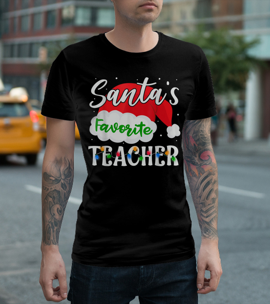 Santa's Favorite Teacher Holiday Santa Hat with Christmas Lights T-Shirt
