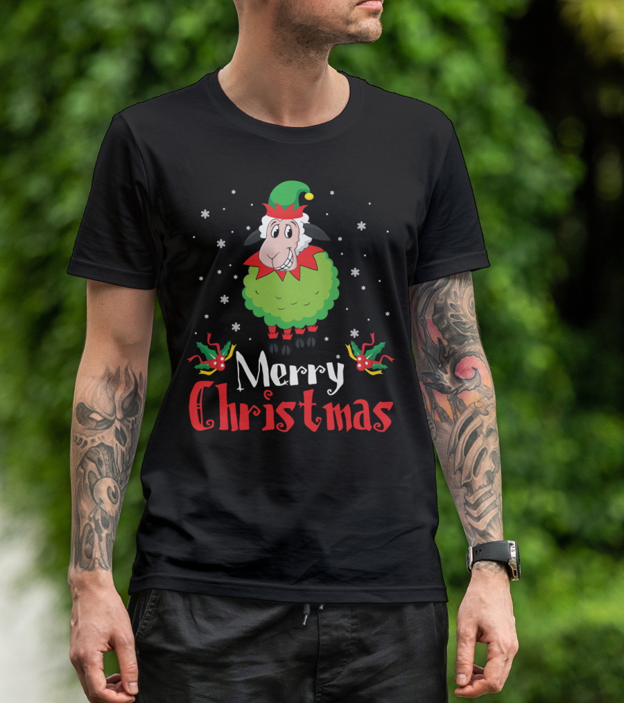 Merry Christmas Sheep In Elf Costume With Snowflakes T-Shirt