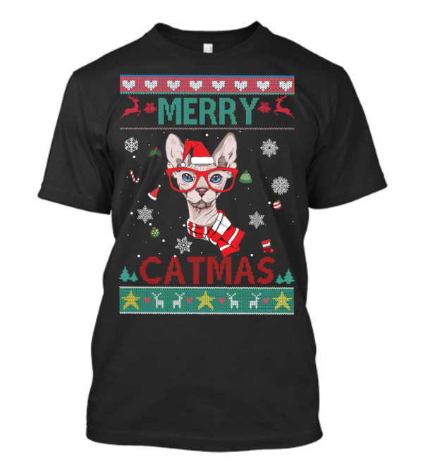 Merry Catmas Sphynx Cat With Santa Hat And Glasses For Christmas T-Shirt