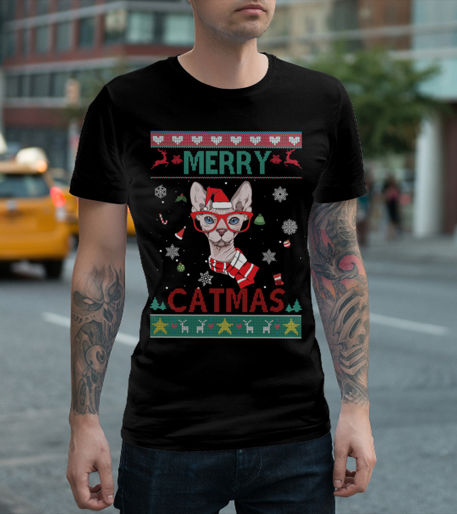 Merry Catmas Sphynx Cat with Santa Hat and Glasses for Christmas T-Shirt