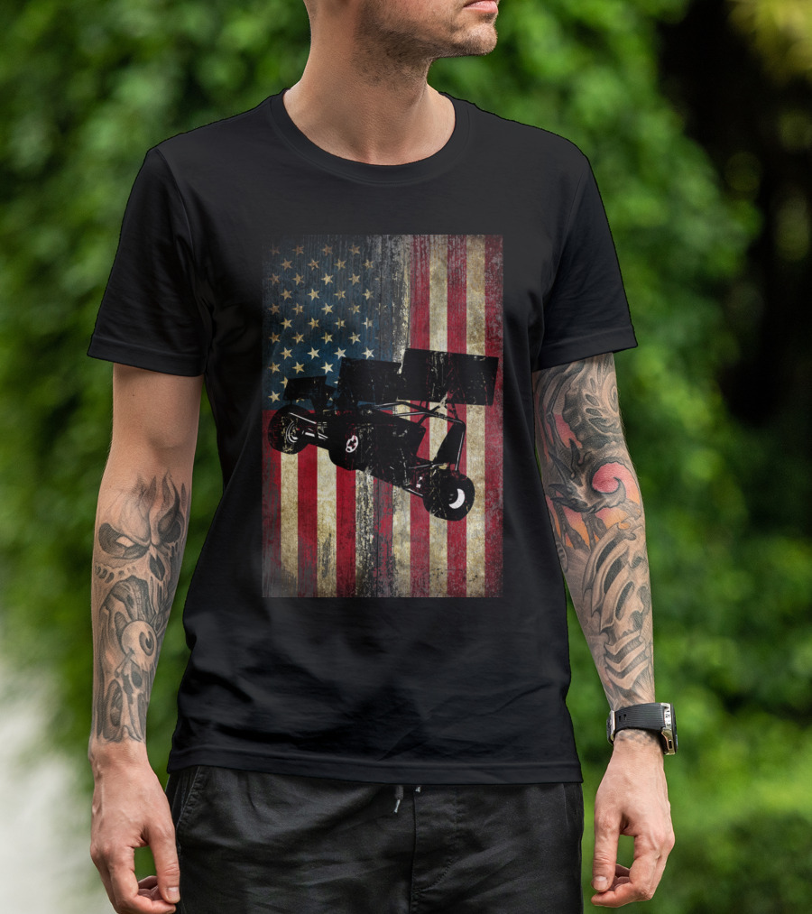 Sprint Car Dirt Track Racing American Flag Background T-Shirt