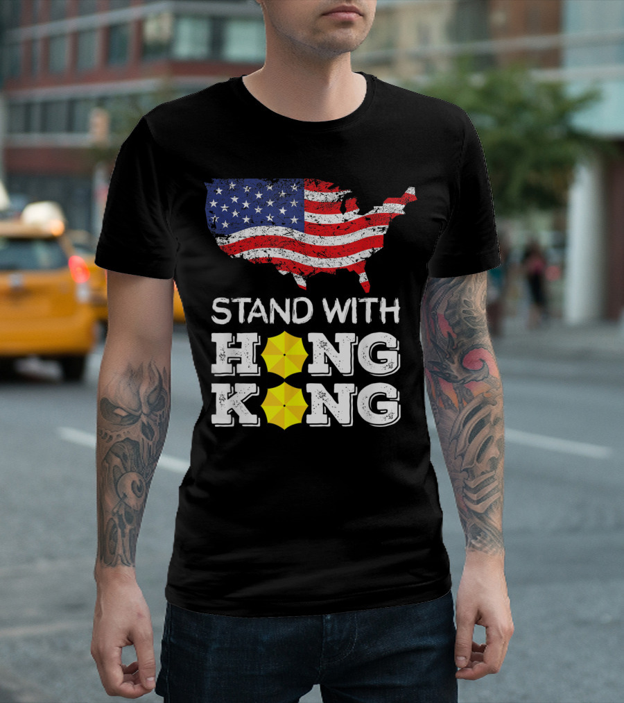 Stand With Hong Kong Strong American Flag Yellow Umbrella T-Shirt
