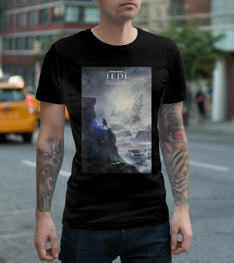 Star Wars Jedi Fallen Order Scenic Battle With Stormtrooper And Ruins T-Shirt