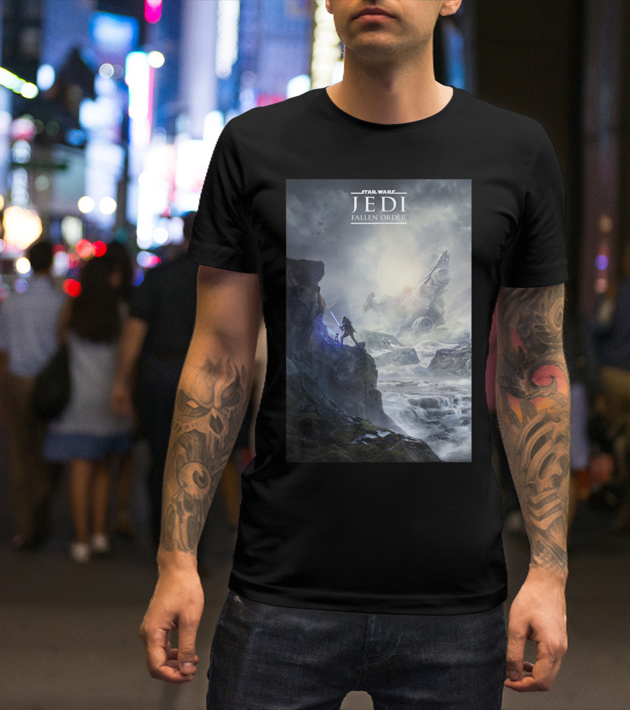 Star Wars Jedi Fallen Order Scenic Battle With Stormtrooper And Ruins T-Shirt