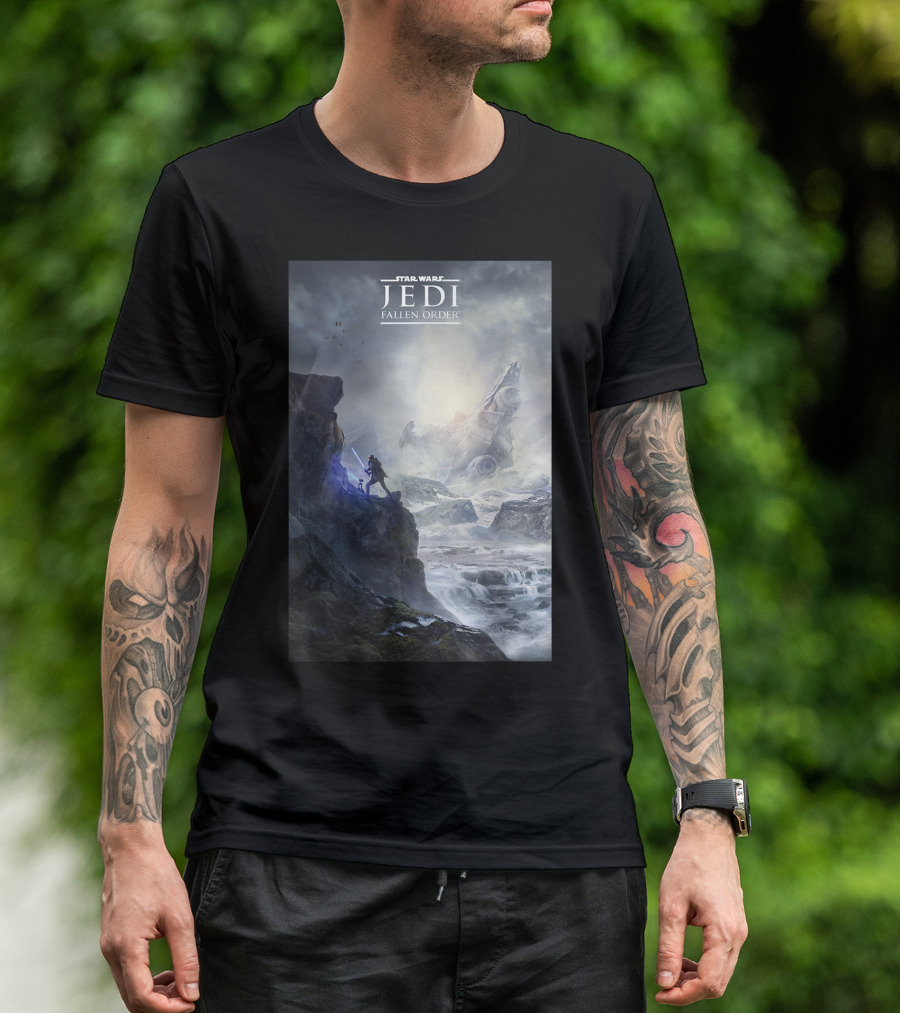Star Wars Jedi Fallen Order Scenic Battle With Stormtrooper And Ruins T-Shirt