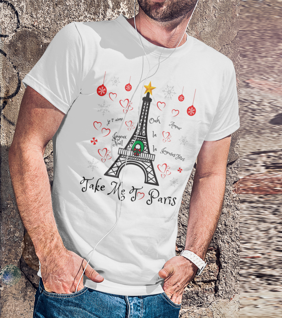 Eiffel Tower Christmas Paris Hearts Snowflakes Holiday T-Shirt